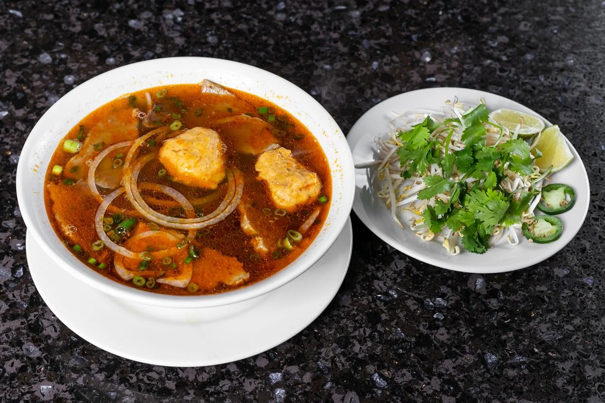 Bun Bo Hue — spicy Vietnamese beef noodle soup at Mai's Kitchen Saskatoon